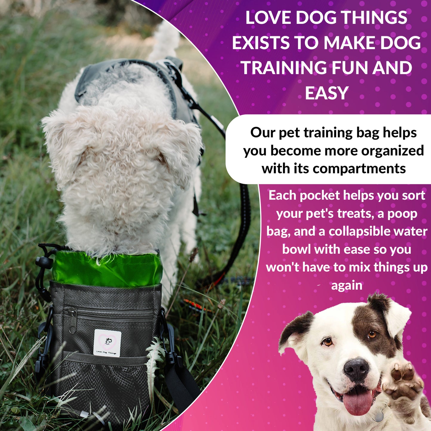 Love Dog Things Premium Training/Treat Bag, Extras Included - Water Bowl, Roll of Waste Bags & Stickers