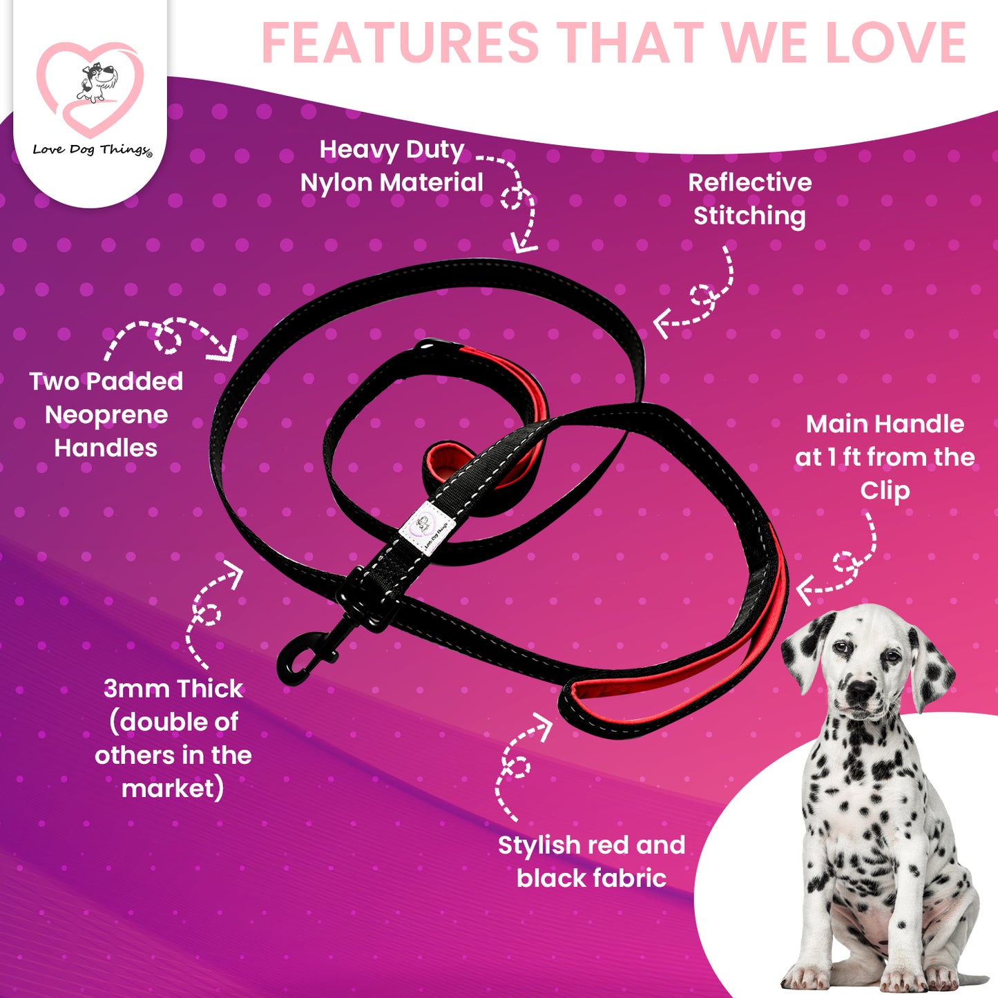 Love Dog Things HandleX2, Dual Handle Leash- 6 Feet Premium Quality Reflective Leash