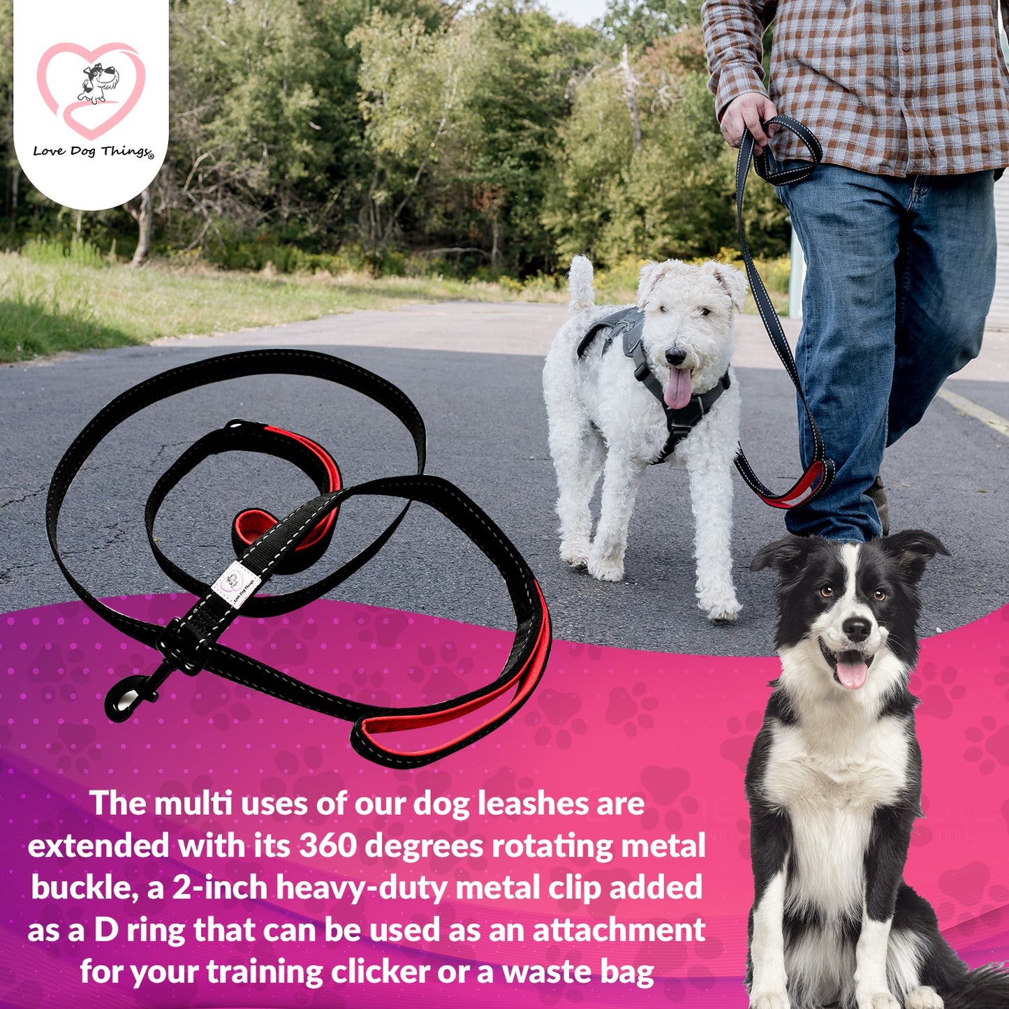 Love Dog Things HandleX2, Dual Handle Leash- 6 Feet Premium Quality Reflective Leash